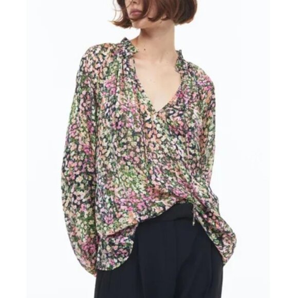 H&M Floral Long-Sleeve Frill-Trimmed Flowy Sheer Blouse Lightweight Boho Size L - Picture 1 of 10